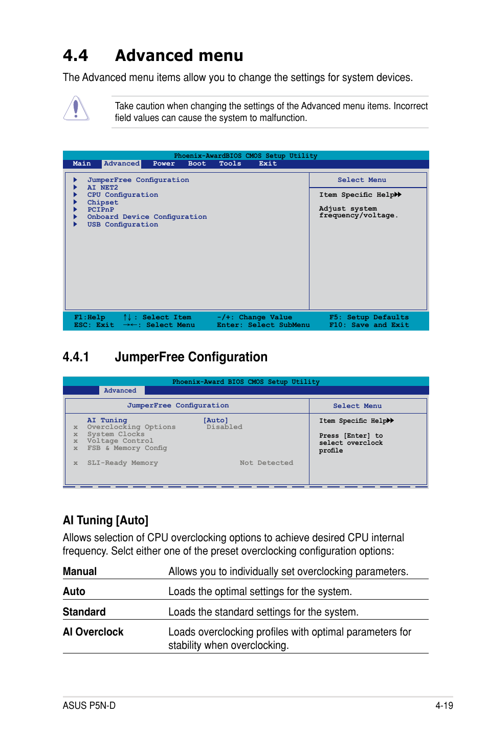 4 advanced menu, 1 jumperfree configuration, Advanced menu -19 4.4.1 | Jumperfree configuration -19, Ai tuning [auto | Asus P5N-D User Manual | Page 85 / 164