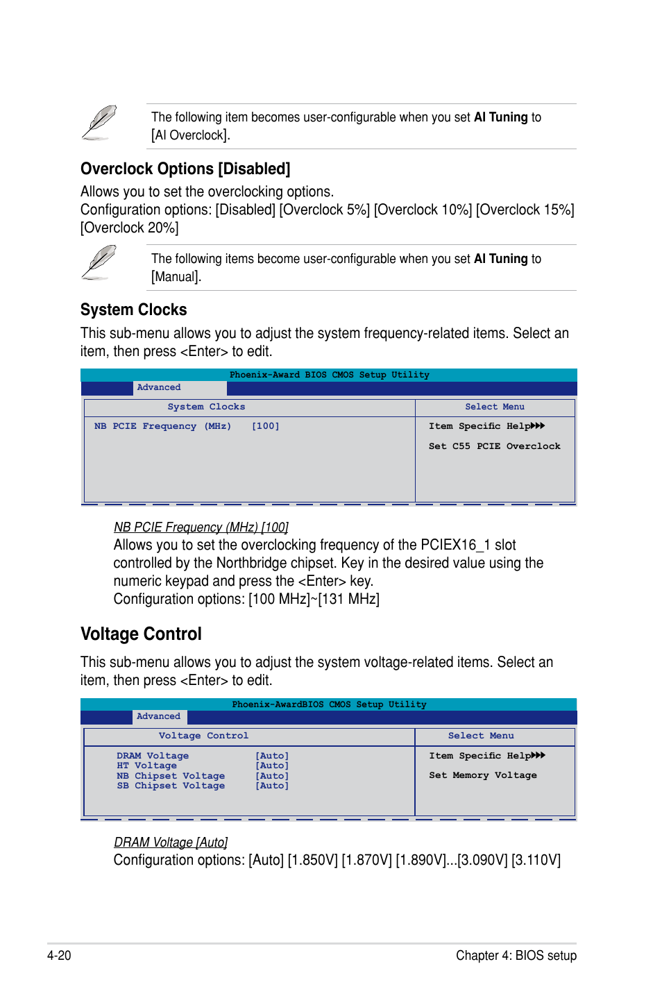 Voltage control, Voltage control -20, Overclock options [disabled | System clocks | Asus P5N-D User Manual | Page 86 / 164