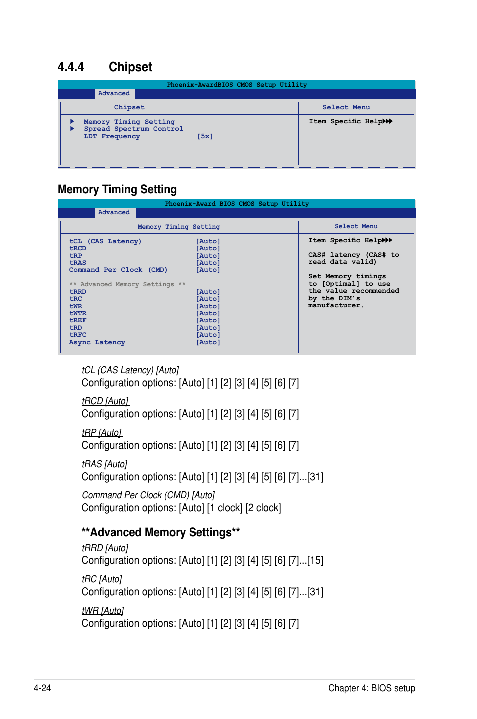 4 chipset, Chipset -24, Configuration options: [auto] [1 clock] [2 clock | Asus P5N-D User Manual | Page 90 / 164