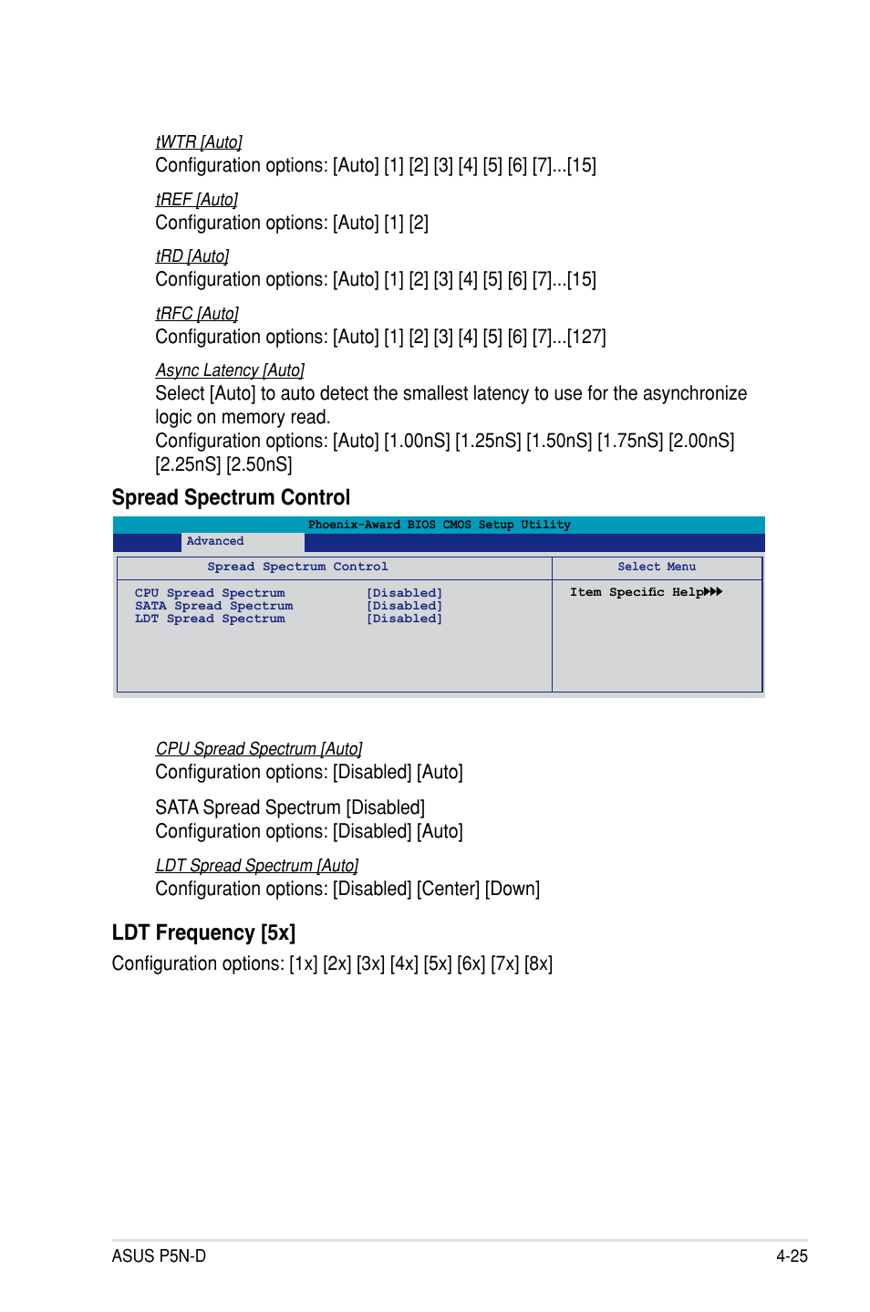 Spread spectrum control, Ldt frequency [5x, Configuration options: [auto] [1] [2 | Configuration options: [disabled] [center] [down | Asus P5N-D User Manual | Page 91 / 164