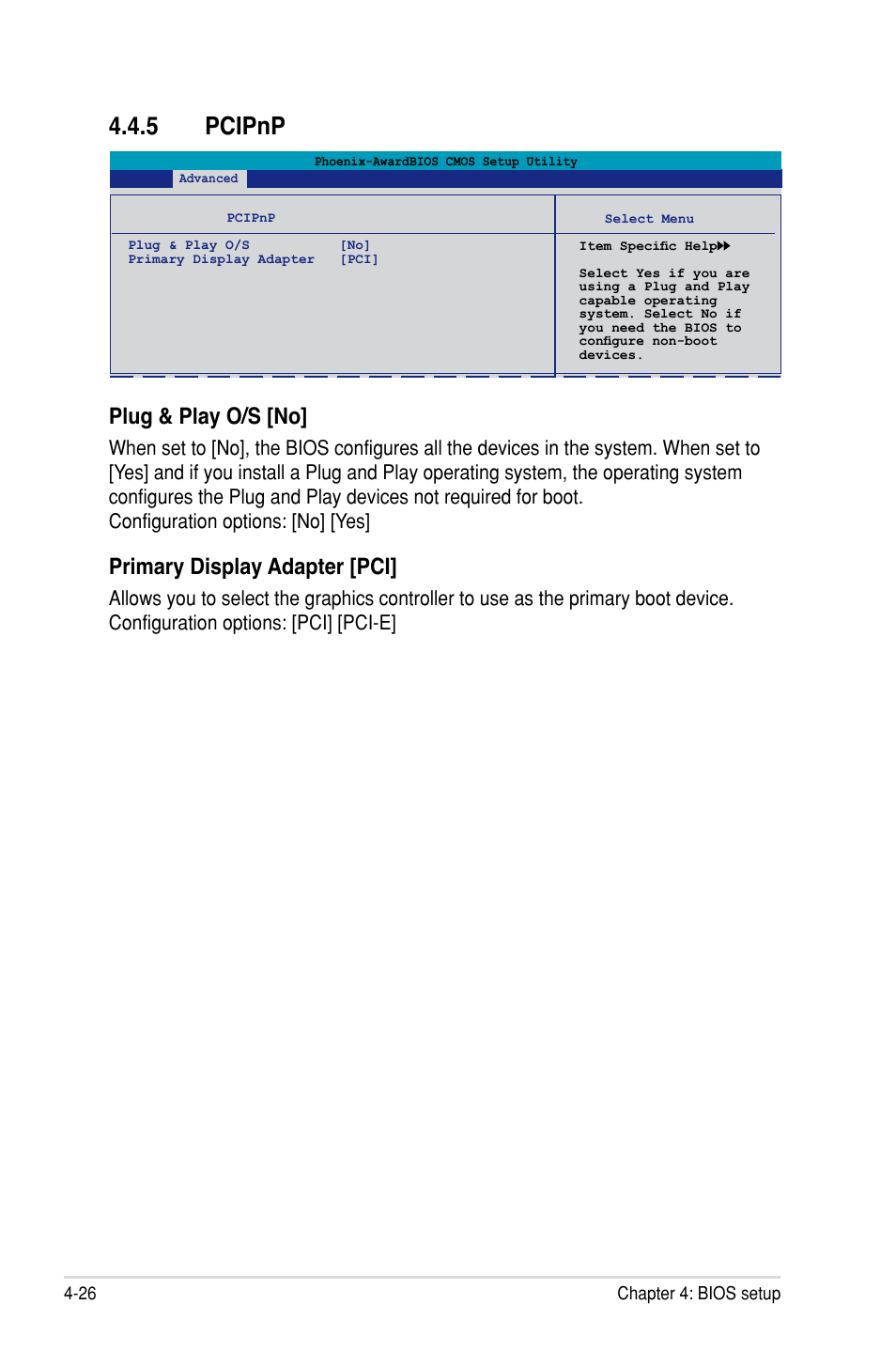 5 pcipnp, Pcipnp -26, Plug & play o/s [no | Primary display adapter [pci | Asus P5N-D User Manual | Page 92 / 164