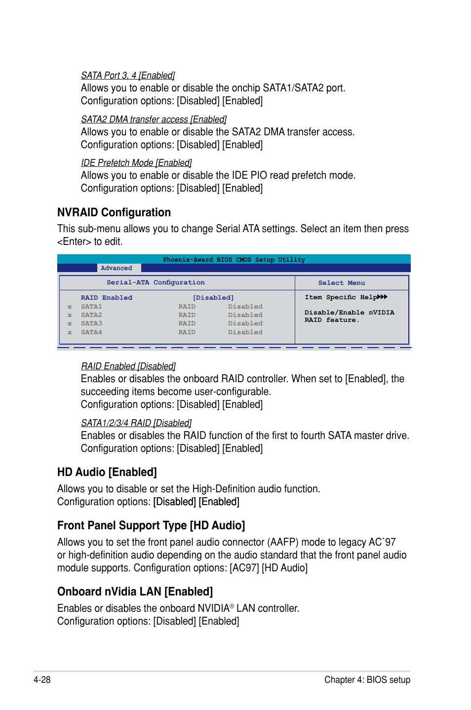 Nvraid configuration, Hd audio [enabled, Front panel support type [hd audio | Onboard nvidia lan [enabled, Enables or disables the onboard nvidia | Asus P5N-D User Manual | Page 94 / 164