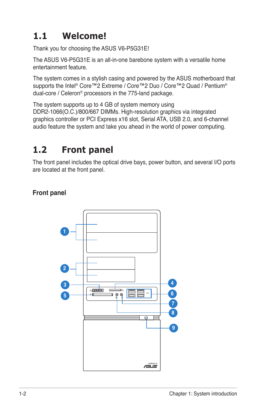 1 welcome, 2 front panel, Welcome! -2 | Front.panel -2 | Asus V6-P5G31E User Manual | Page 12 / 70