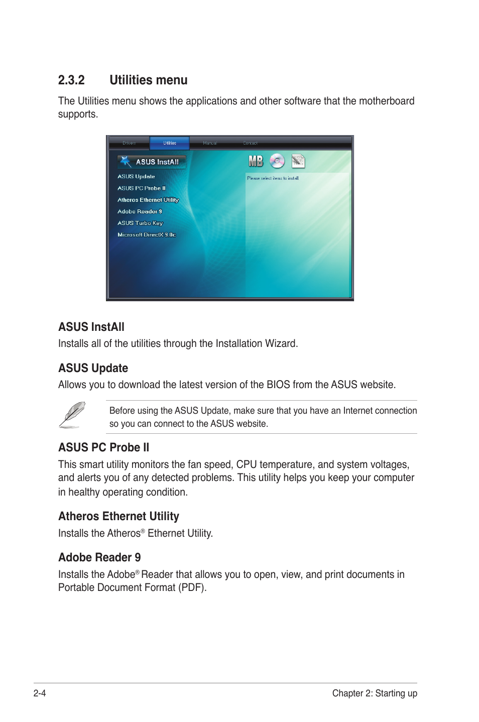 2 utilities menu, Utilities menu -4, Utilities.menu | Asus V6-P5G31E User Manual | Page 24 / 70