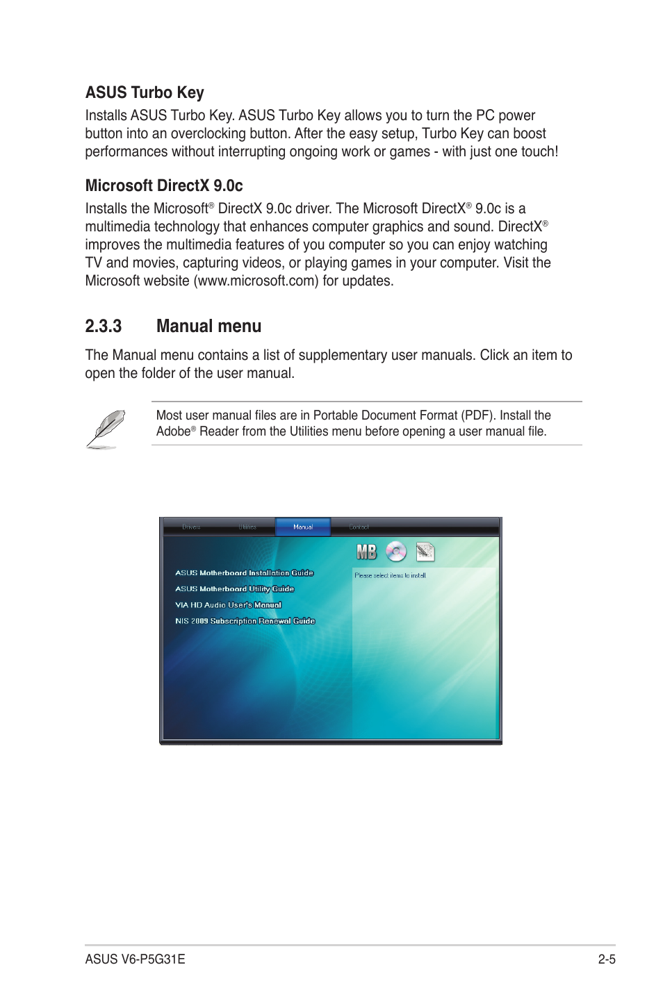 3 manual menu, Manual menu -5, Manual.menu | Asus turbo key, Microsoft directx 9.0c | Asus V6-P5G31E User Manual | Page 25 / 70