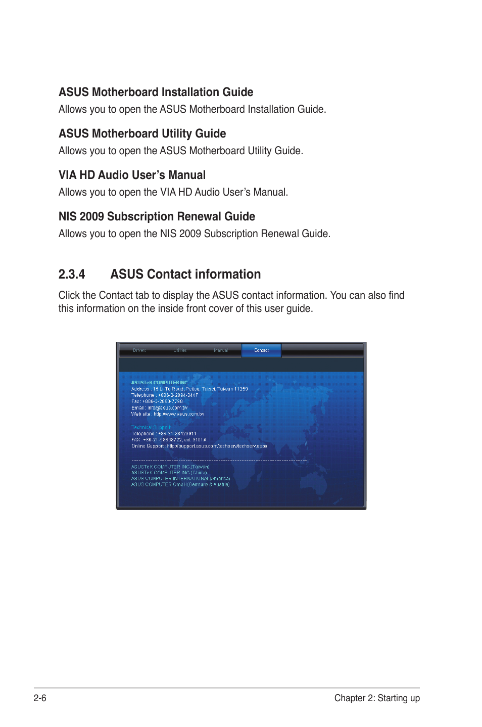 4 asus contact information, Asus contact information -6 | Asus V6-P5G31E User Manual | Page 26 / 70