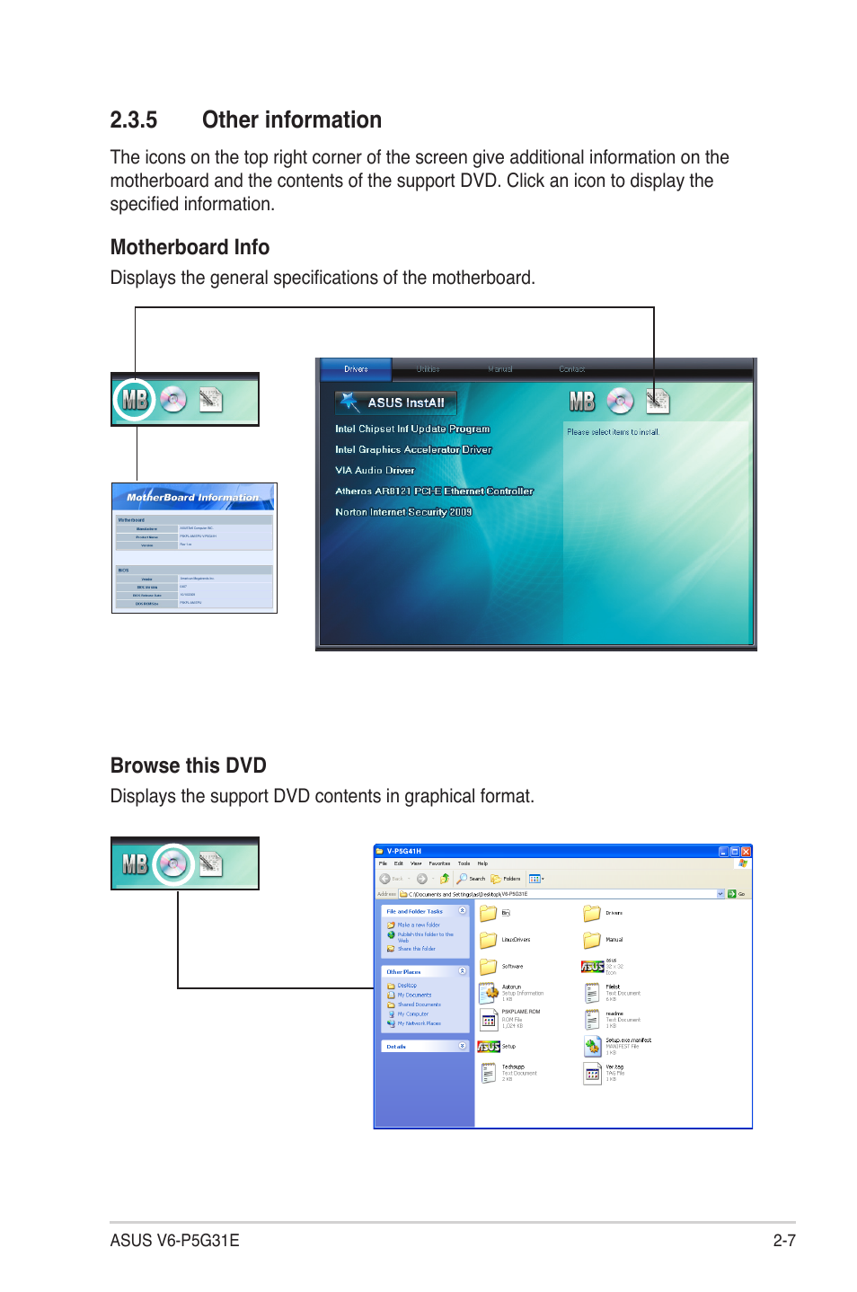 5 other information, Other information -7, Motherboard info | Browse this dvd | Asus V6-P5G31E User Manual | Page 27 / 70