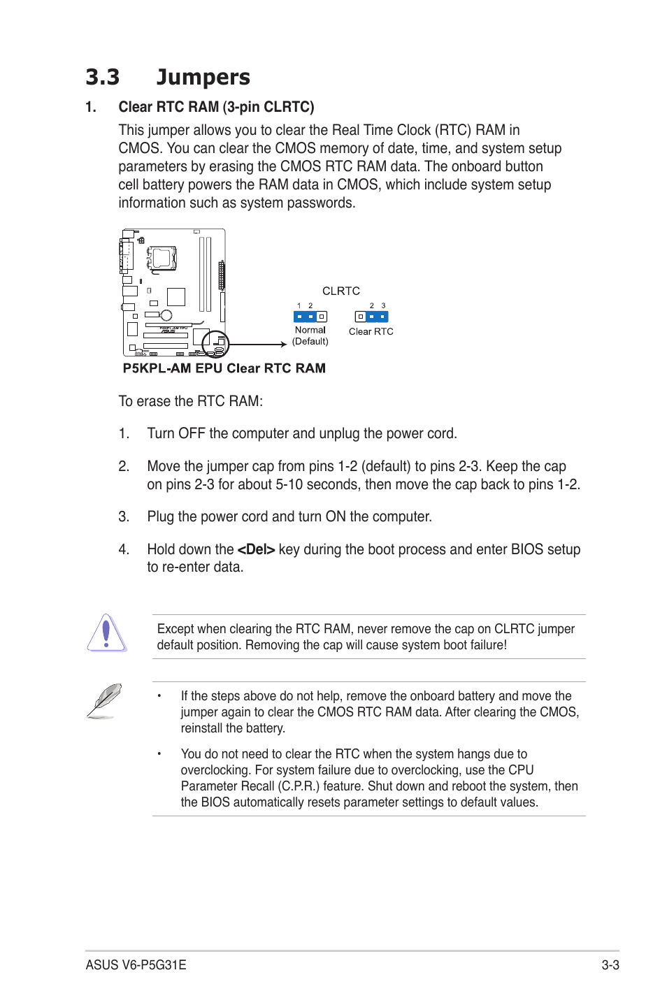 3 jumpers, Jumpers -3 | Asus V6-P5G31E User Manual | Page 31 / 70