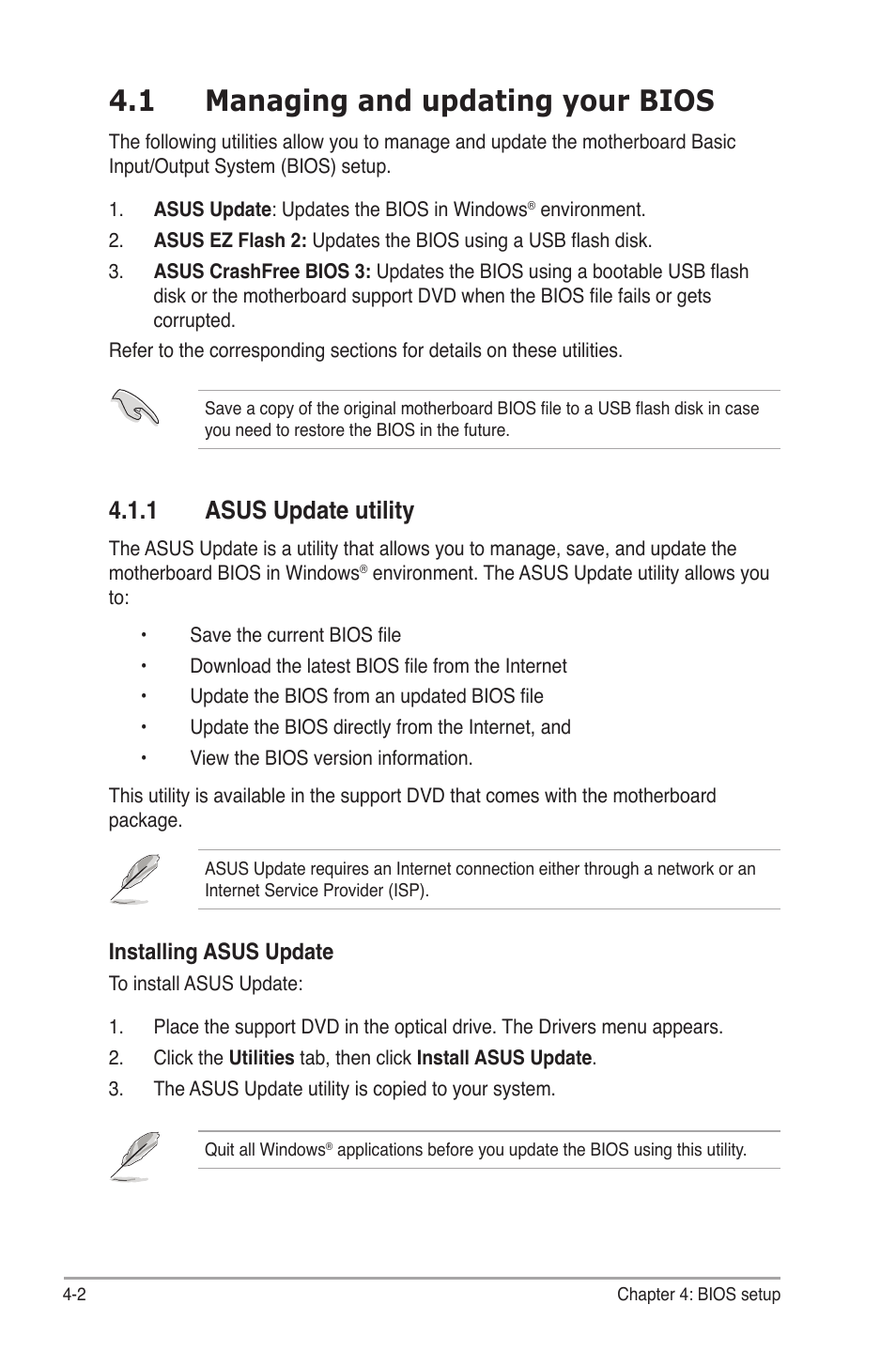 1 managing and updating your bios, 1 asus update utility, Managing.and.updating.your.bios -2 4.1.1 | Asus update utility -2, Asus.update.utility | Asus V6-P5G31E User Manual | Page 40 / 70