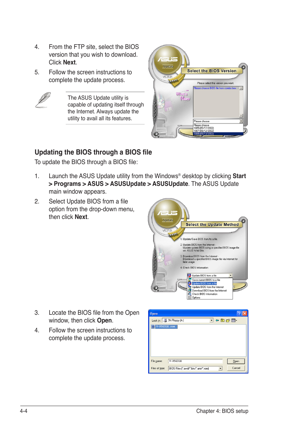 Updating the bios through a bios file | Asus V6-P5G31E User Manual | Page 42 / 70