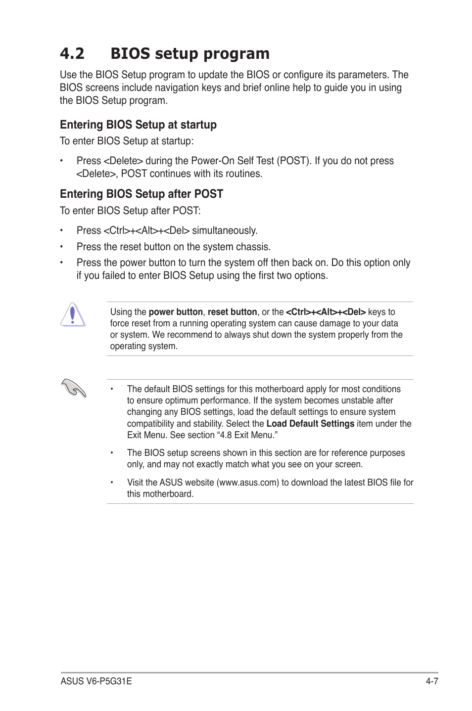 2 bios setup program, Bios.setup.program -7 | Asus V6-P5G31E User Manual | Page 45 / 70