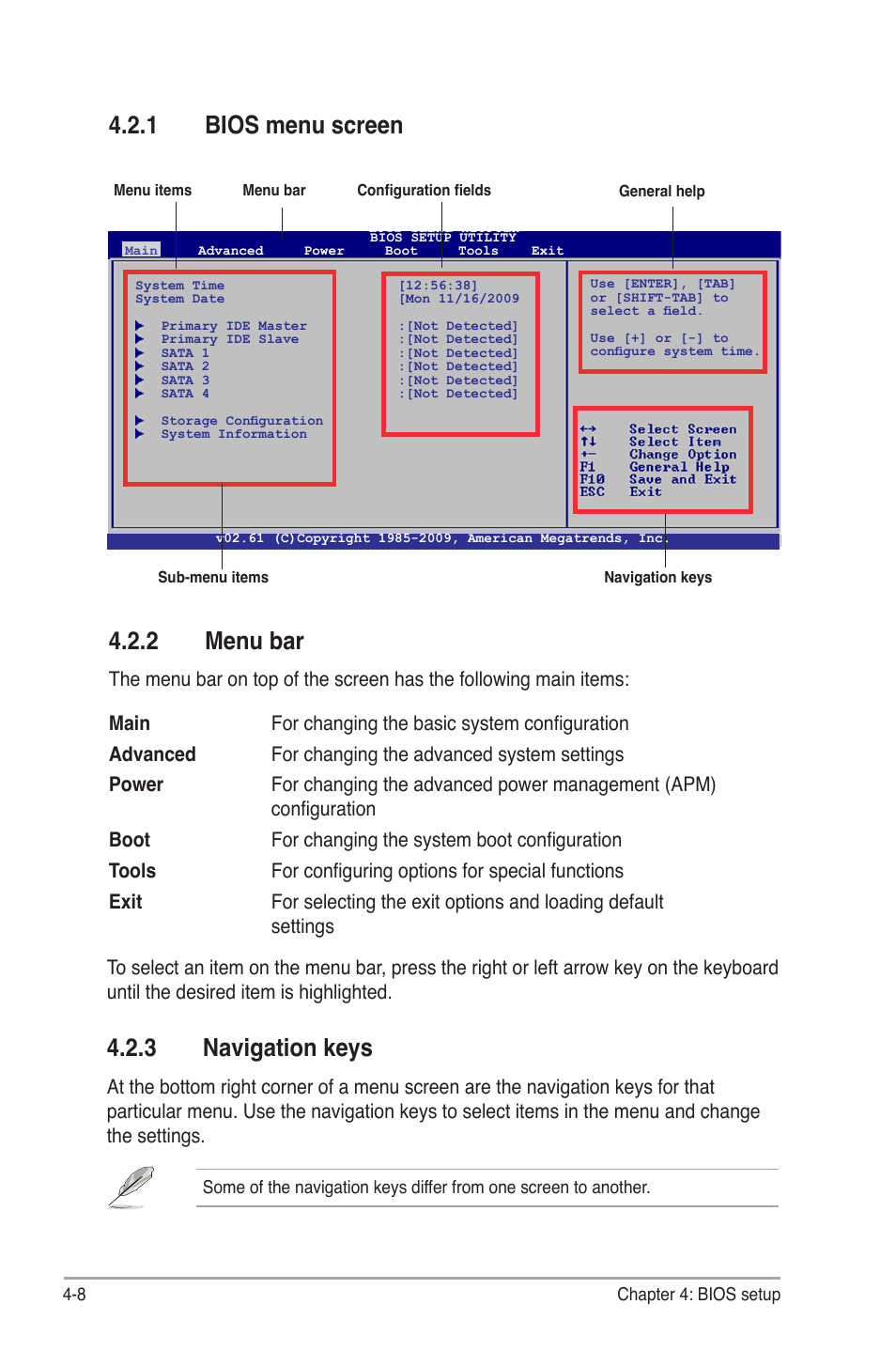 1 bios menu screen, 2 menu bar, 3 navigation keys | Bios menu screen -8, Menu bar -8, Navigation keys -8, Menu.bar, Bios.menu.screen, Navigation.keys | Asus V6-P5G31E User Manual | Page 46 / 70