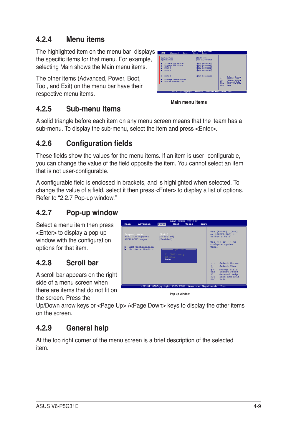 4 menu items, 5 sub-menu items, 6 configuration fields | 7 pop-up window, 8 scroll bar, 9 general help, Menu items -9, Sub-menu items -9, Configuration fields -9, Pop-up window -9 | Asus V6-P5G31E User Manual | Page 47 / 70