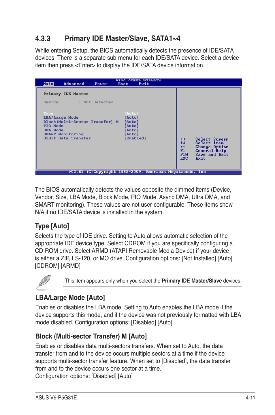 3 primary ide master/slave, sata1~4, Primary ide master/slave, sata1~4 -11, Primary.ide.master/slave,.sata1~4 | Type.[auto, Lba/large mode [auto, Block (multi-sector transfer) m [auto | Asus V6-P5G31E User Manual | Page 49 / 70