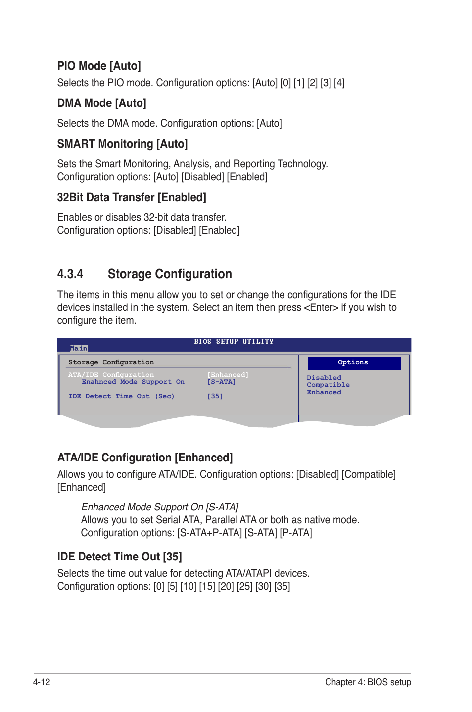 4 storage configuration, Storage configuration -12, Pio.mode.[auto | Dma.mode.[auto, Smart.monitoring.[auto, 32bit data transfer [enabled, Ata/ide configuration [enhanced, Ide.detect.time.out.[35 | Asus V6-P5G31E User Manual | Page 50 / 70