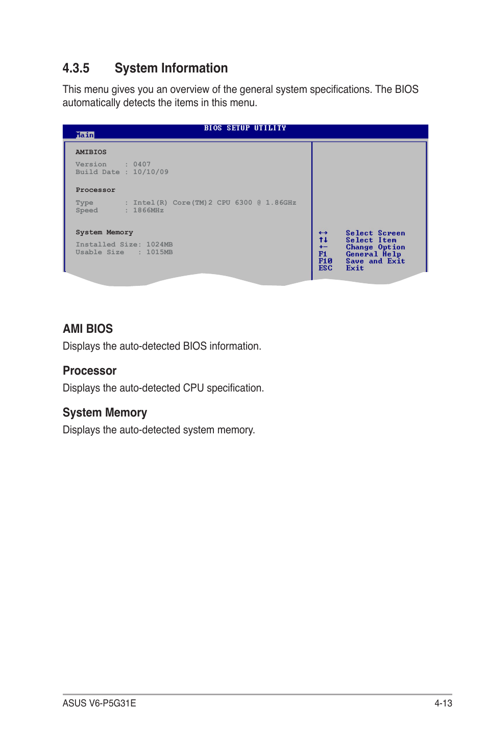 5 system information, System information -13, Ami.bios | Processor | Asus V6-P5G31E User Manual | Page 51 / 70