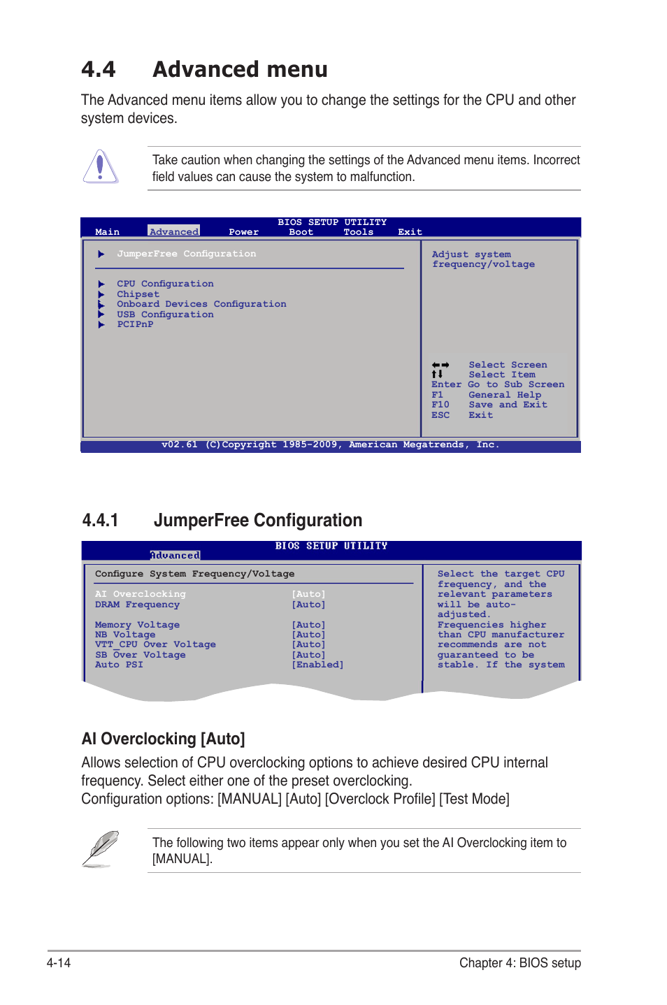 4 advanced menu, 1 jumperfree configuration, Advanced.menu -14 4.4.1 | Jumperfree configuration -14, Ai.overclocking.[auto | Asus V6-P5G31E User Manual | Page 52 / 70