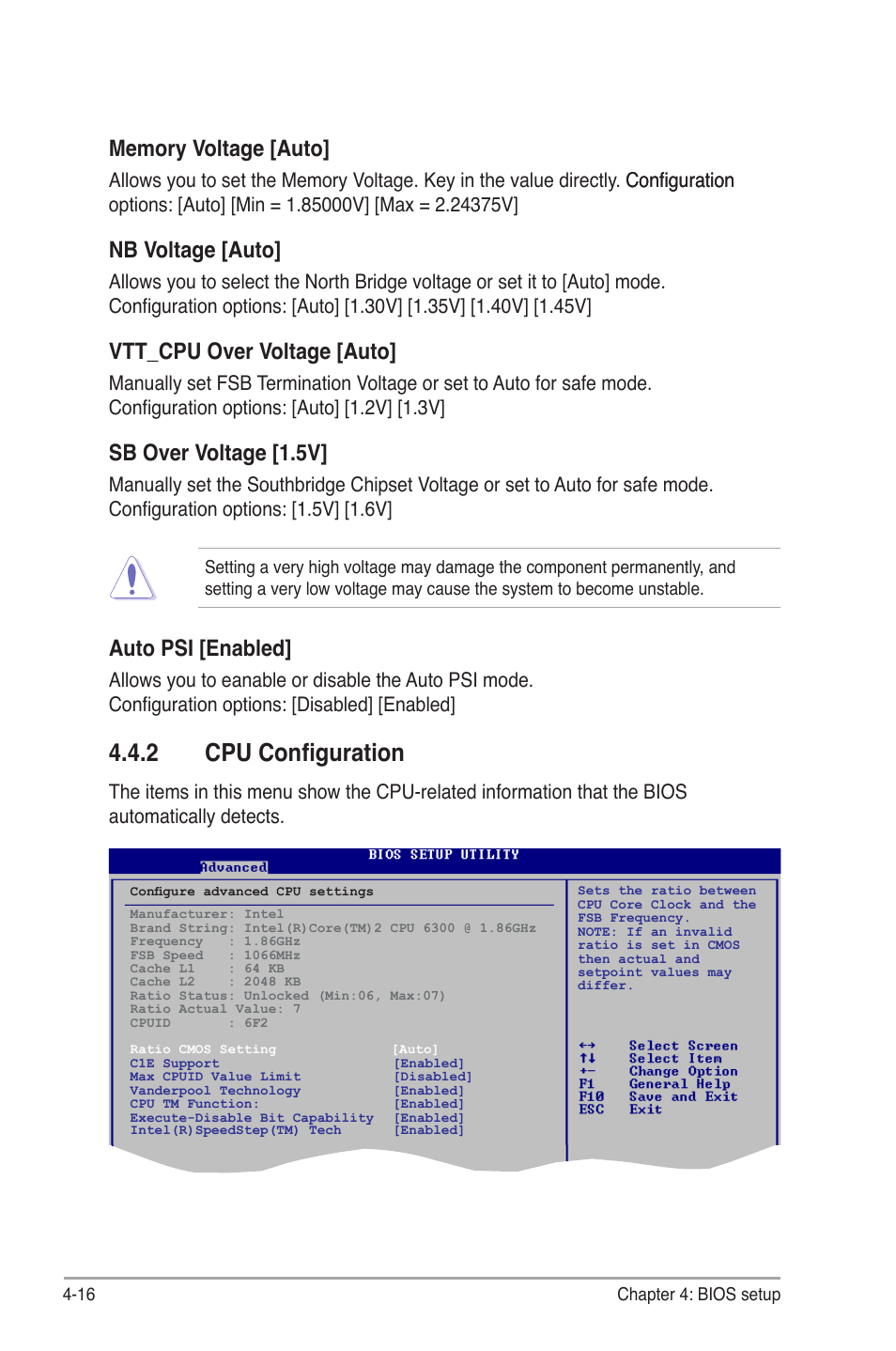 2 cpu configuration, Cpu configuration -16, Nb voltage [auto | Vtt_cpu over voltage [auto, Sb over voltage [1.5v, Auto.psi.[enabled | Asus V6-P5G31E User Manual | Page 54 / 70