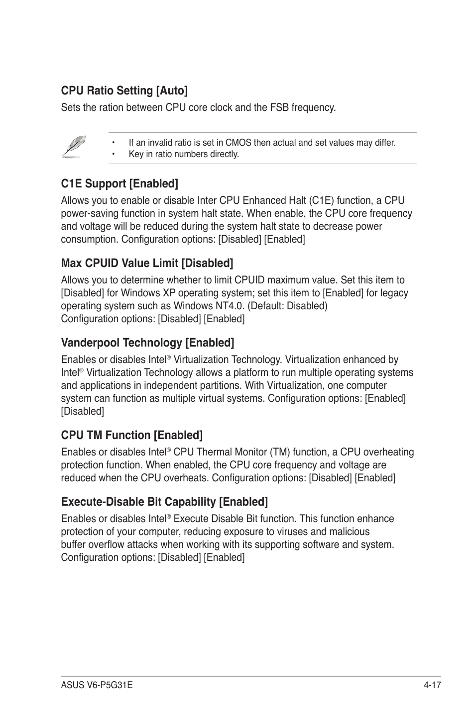 Cpu.ratio.setting.[auto, C1e.support.[enabled, Max cpuid value limit [disabled | Vanderpool technology [enabled, Cpu.tm.function.[enabled, Execute-disable.bit.capability.[enabled | Asus V6-P5G31E User Manual | Page 55 / 70