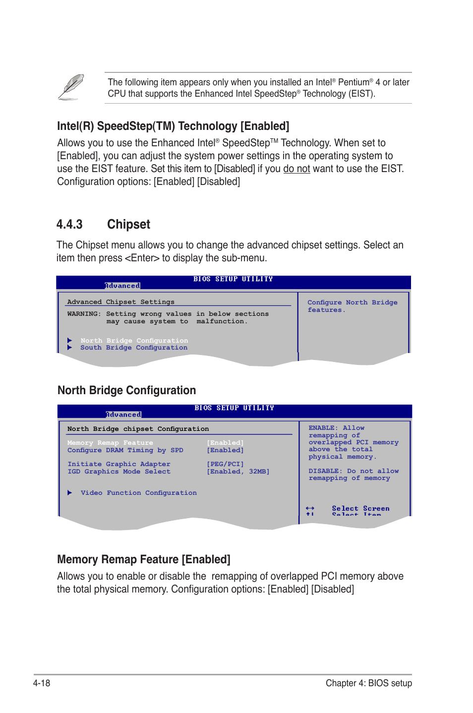 3 chipset, Chipset -18, Chipset | Intel(r) speedstep(tm) technology [enabled, North bridge configuration, Allows you to use the enhanced intel, Speedstep | Asus V6-P5G31E User Manual | Page 56 / 70