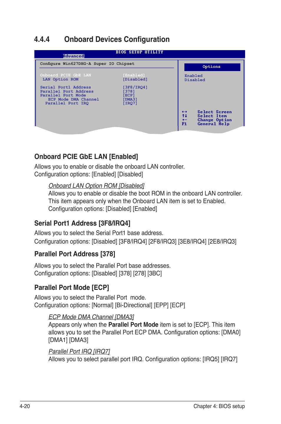 4 onboard devices configuration, Onboard devices configuration -20, Onboard pcie gbe lan [enabled | Serial.port1.address.[3f8/irq4, Parallel.port.address.[378, Parallel.port.mode.[ecp | Asus V6-P5G31E User Manual | Page 58 / 70