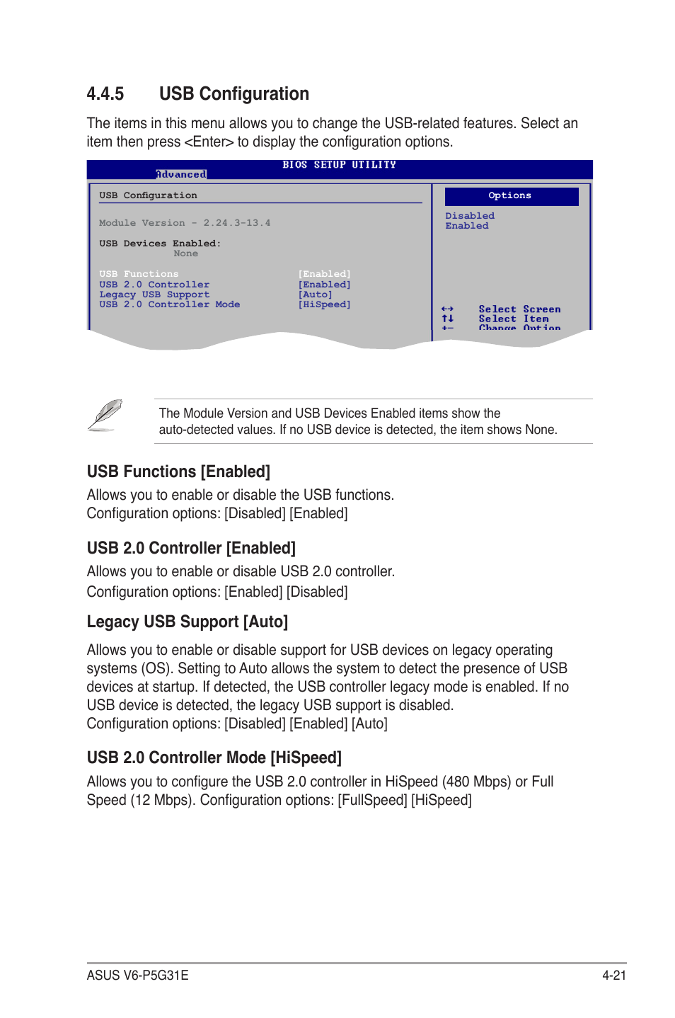 5 usb configuration, Usb configuration -21, Usb.functions.[enabled | Usb.2.0.controller.[enabled, Legacy usb support [auto, Usb.2.0.controller.mode.[hispeed | Asus V6-P5G31E User Manual | Page 59 / 70