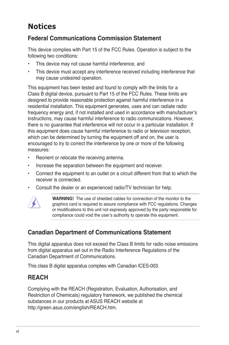 Notices, Canadian department of communications statement, Reach | Asus V6-P5G31E User Manual | Page 6 / 70