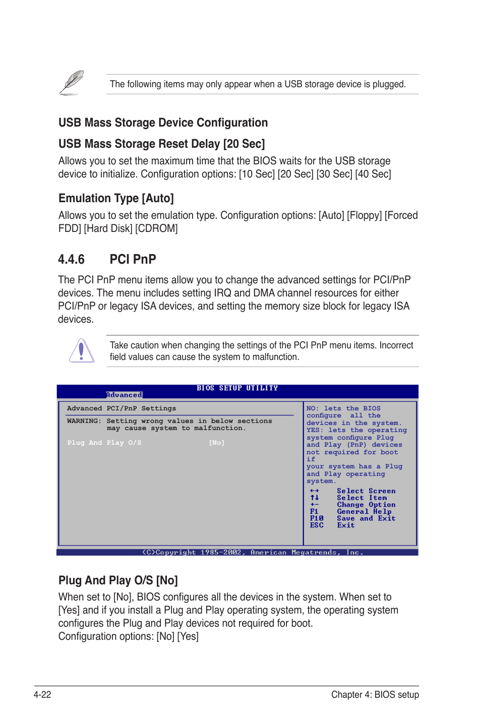 6 pci pnp, Pci pnp -22, Pci.pnp | Plug.and.play.o/s.[no, Emulation.type.[auto | Asus V6-P5G31E User Manual | Page 60 / 70