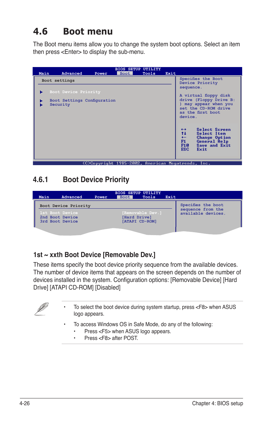 6 boot menu, 1 boot device priority, Boot.menu -26 4.6.1 | Boot device priority -26, Boot.device.priority, 1st.~.xxth.boot.device.[removable.dev | Asus V6-P5G31E User Manual | Page 64 / 70