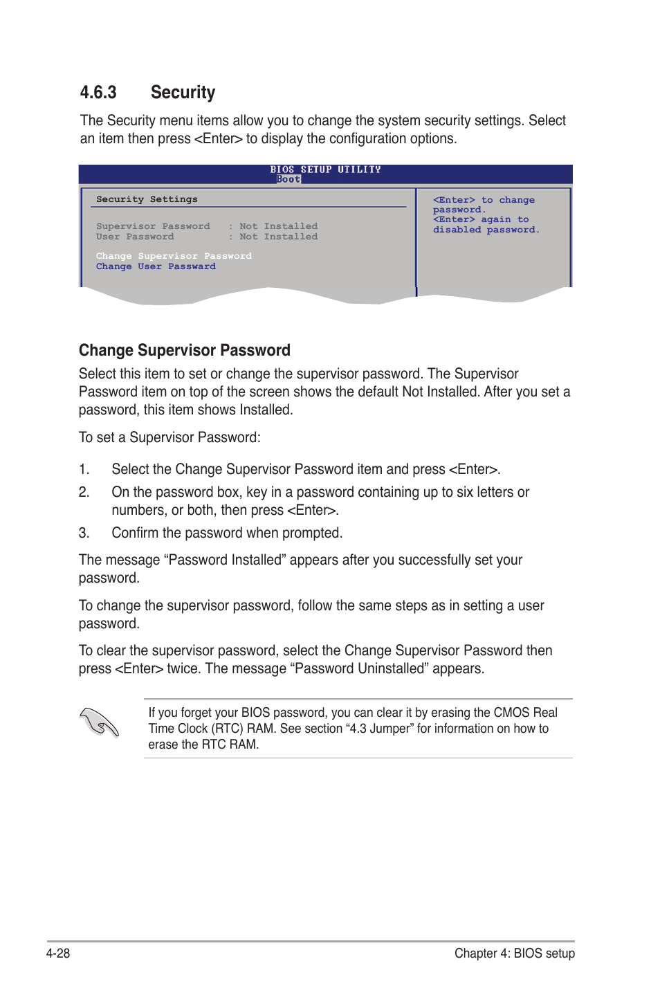 3 security, Security -28, Security | Change.supervisor.password | Asus V6-P5G31E User Manual | Page 66 / 70