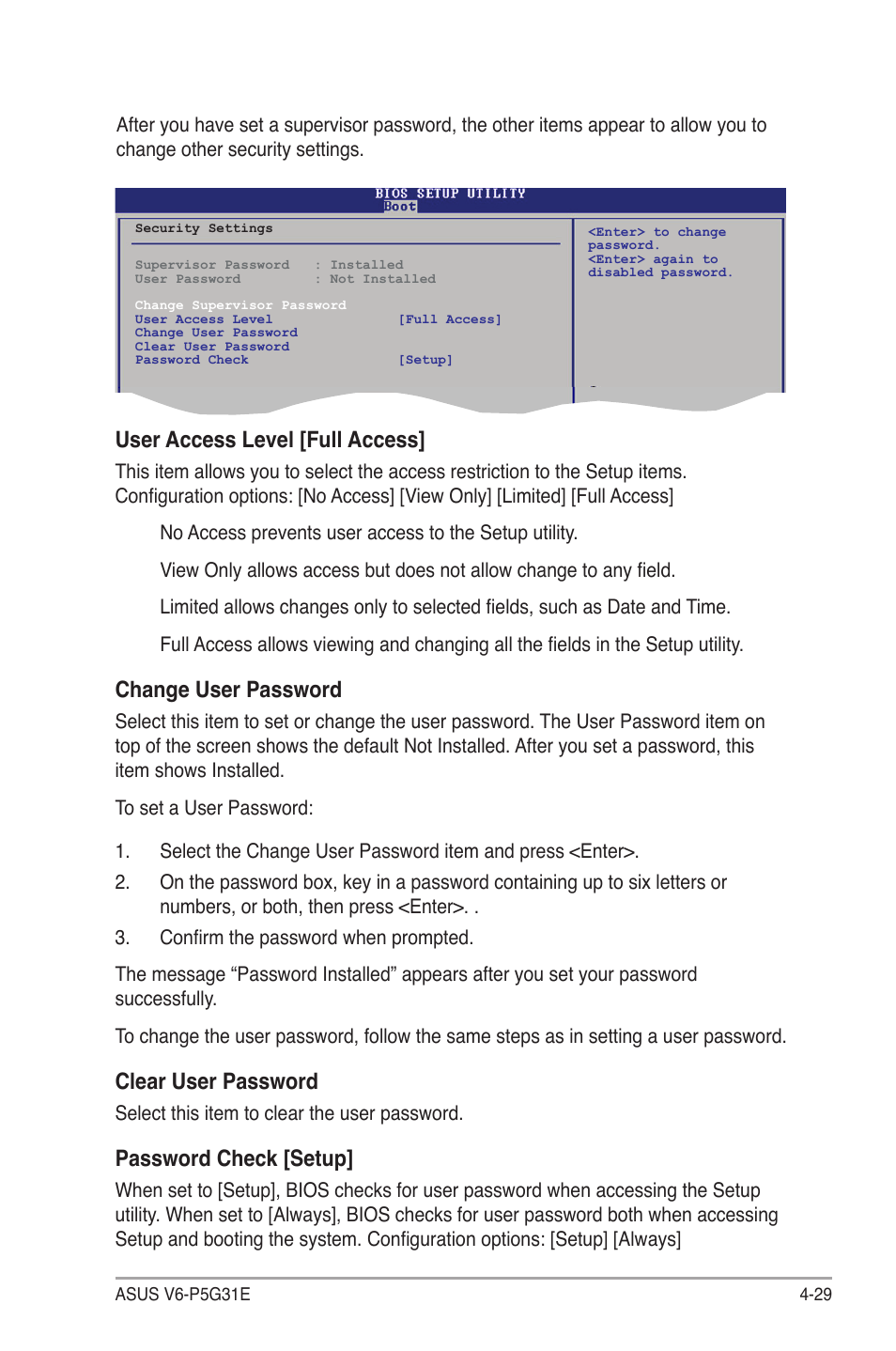 User access level [full access, Password.check.[setup | Asus V6-P5G31E User Manual | Page 67 / 70