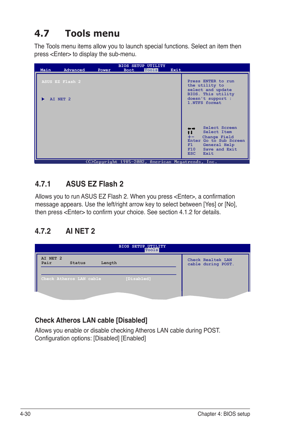 7 tools menu, 1 asus ez flash 2, 2 ai net 2 | Tools.menu -30 4.7.1, Asus ez flash 2 -30, Ai net 2 -30, Asus.ez.flash.2, Check atheros lan cable [disabled | Asus V6-P5G31E User Manual | Page 68 / 70