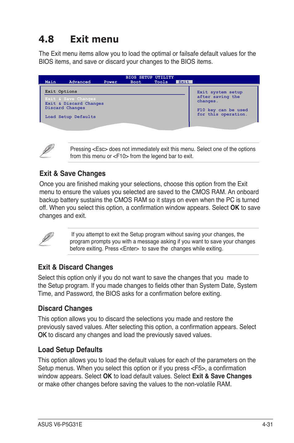 8 exit menu, Exit.menu -31, Exit.&.discard.changes | Discard.changes, Load setup defaults, Exit.&.save.changes | Asus V6-P5G31E User Manual | Page 69 / 70