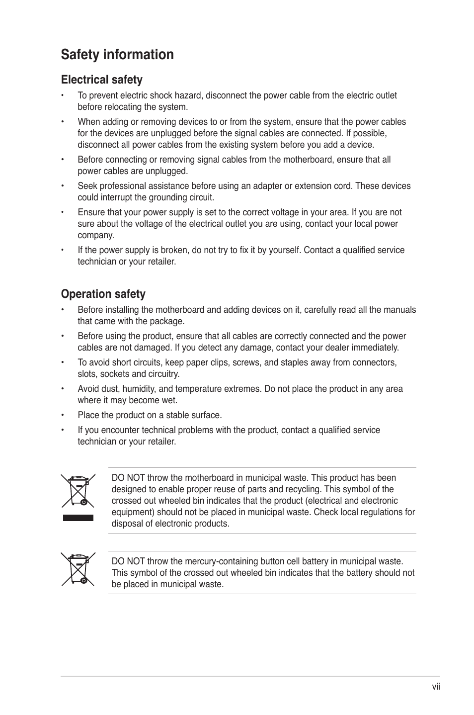 Safety information, Operation safety, Electrical safety | Asus V6-P5G31E User Manual | Page 7 / 70