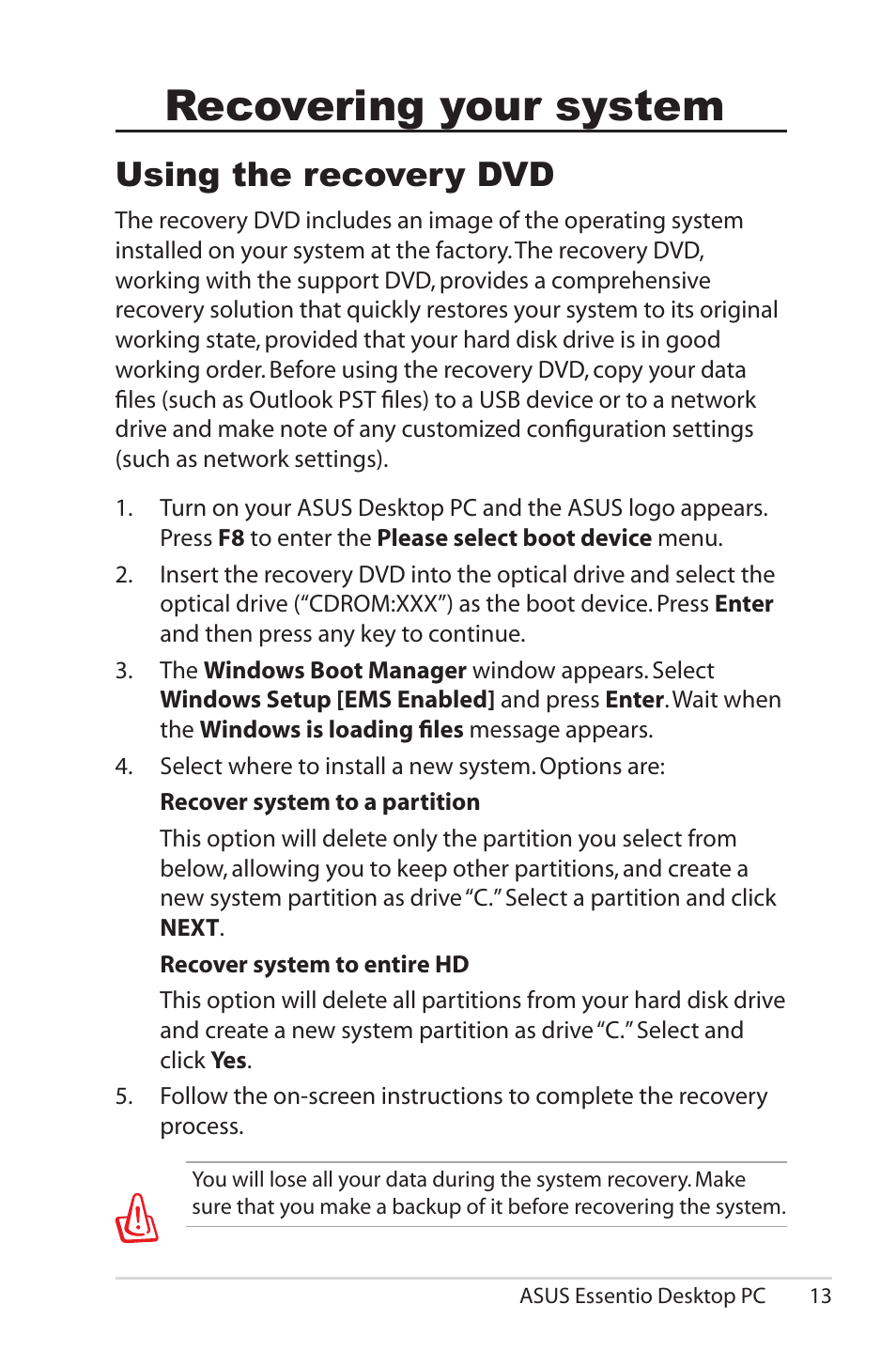 Recovering your system, Using the recovery dvd | Asus CP5140 User Manual | Page 13 / 16