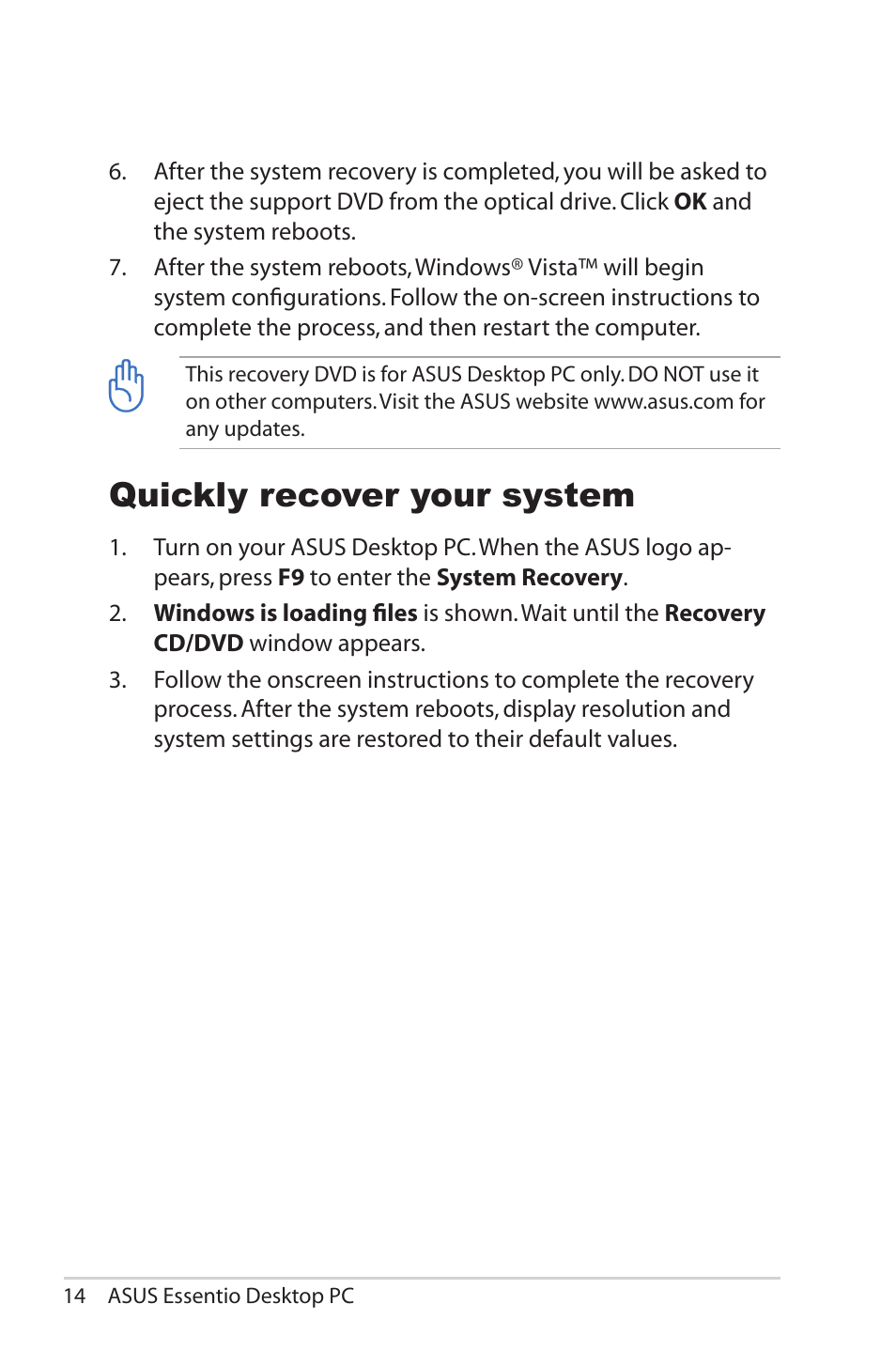 Quickly recover your system | Asus CP5140 User Manual | Page 14 / 16