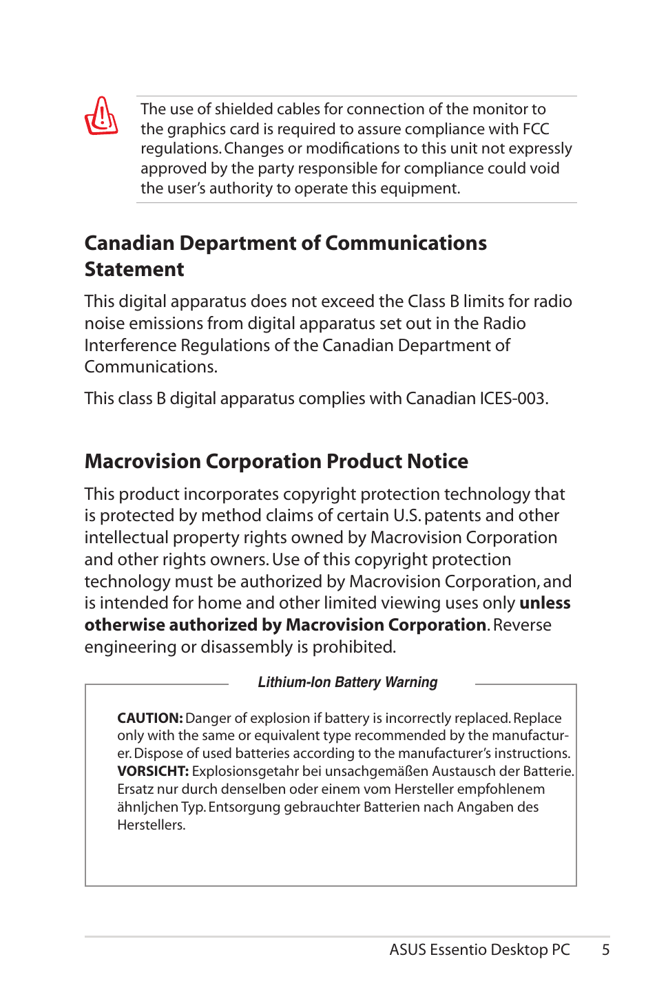 Canadian department of communications statement, Macrovision corporation product notice | Asus CP5140 User Manual | Page 5 / 16