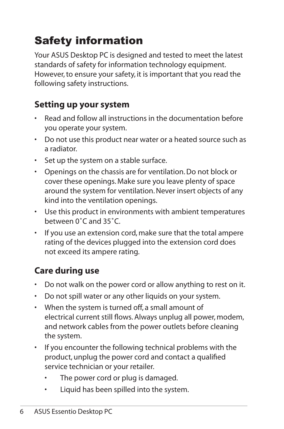 Safety information, Setting up your system, Care during use | Asus CP5140 User Manual | Page 6 / 16