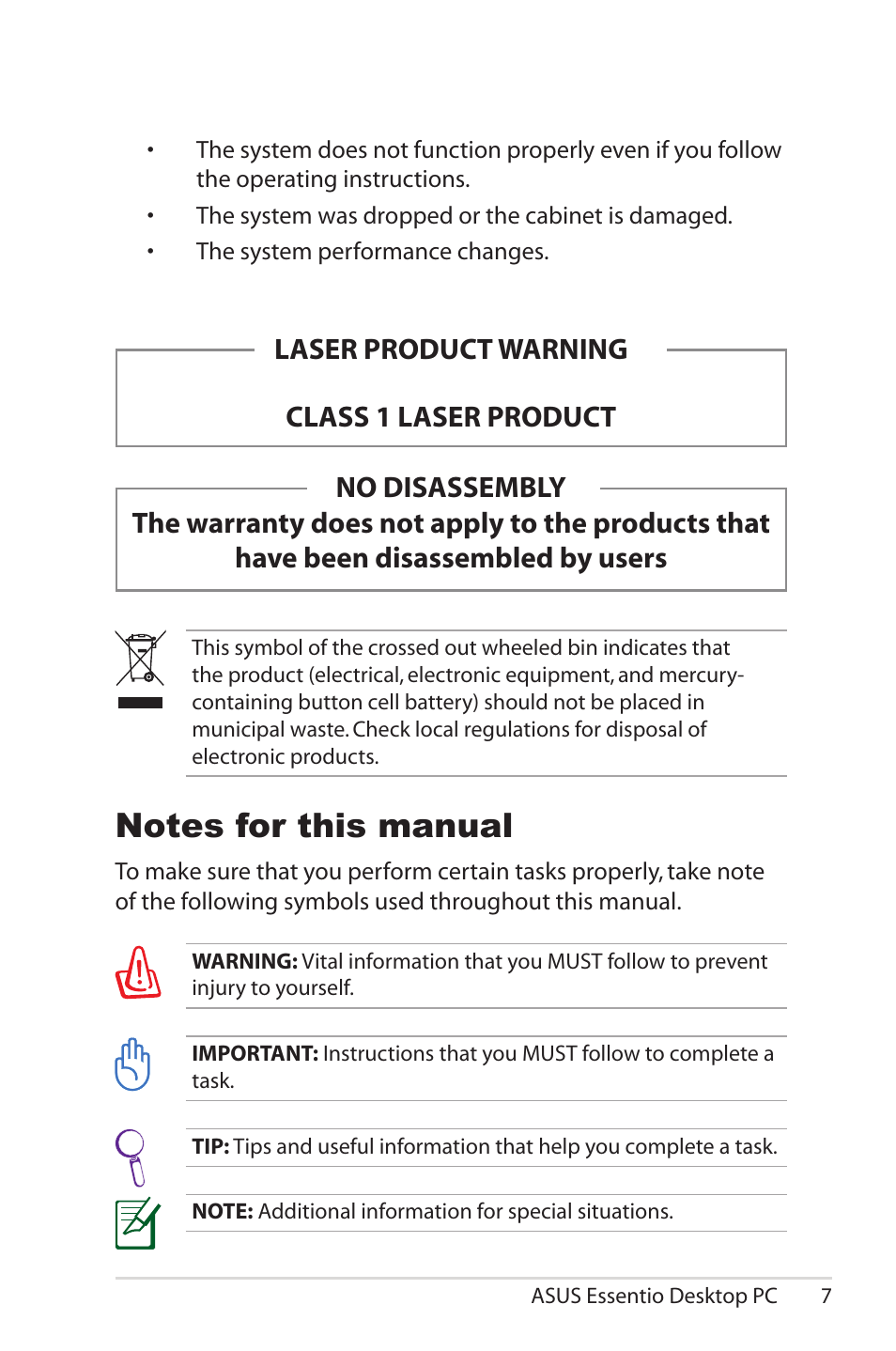 Laser product warning class 1 laser product | Asus CP5140 User Manual | Page 7 / 16