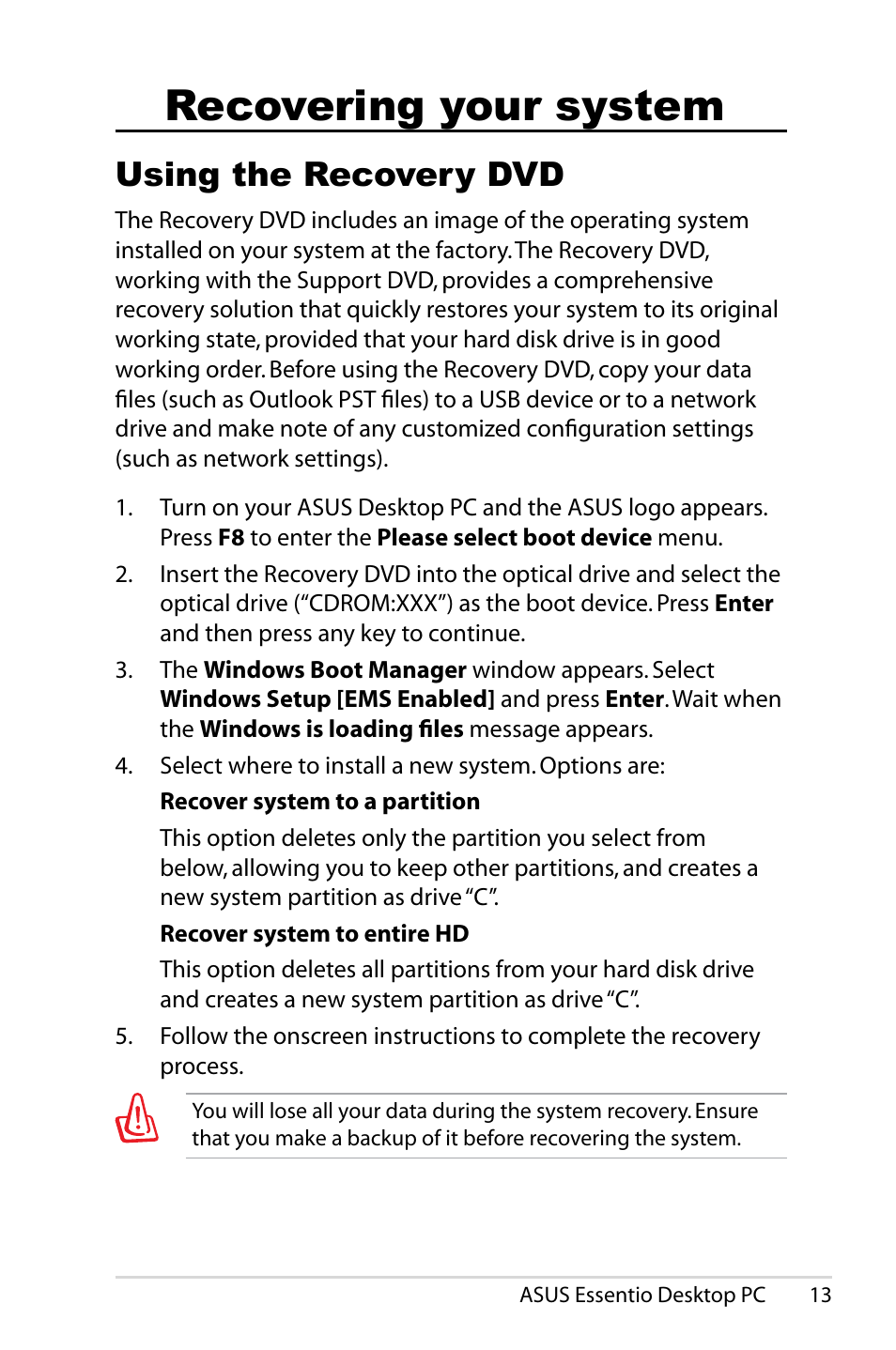 Recovering your system, Using the recovery dvd | Asus CM5540 User Manual | Page 13 / 16