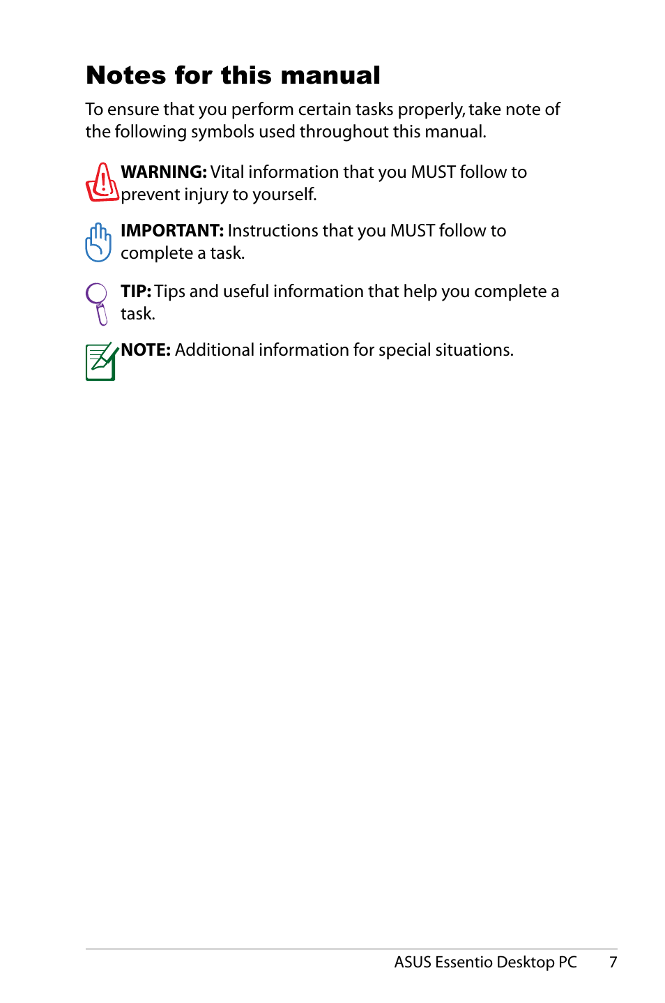 Notes for this manual | Asus CM5540 User Manual | Page 7 / 16