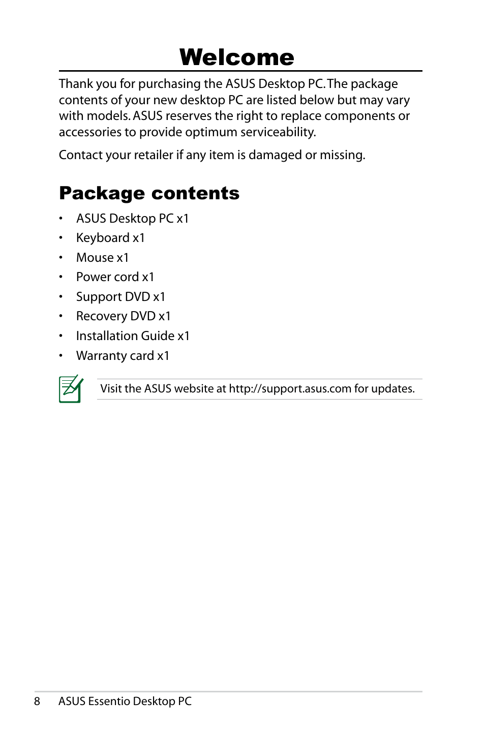 Welcome, Package contents | Asus CM5540 User Manual | Page 8 / 16