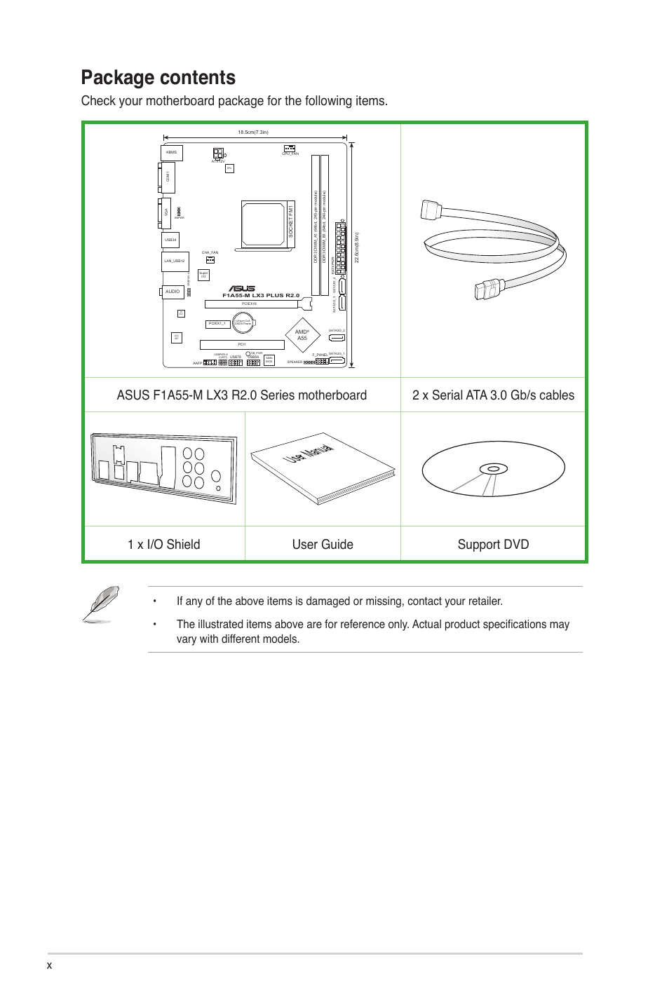 Package contents, User manual, 1 x i/o shield user guide support dvd | Asus F1A55-M LX3 R2.0 User Manual | Page 10 / 69