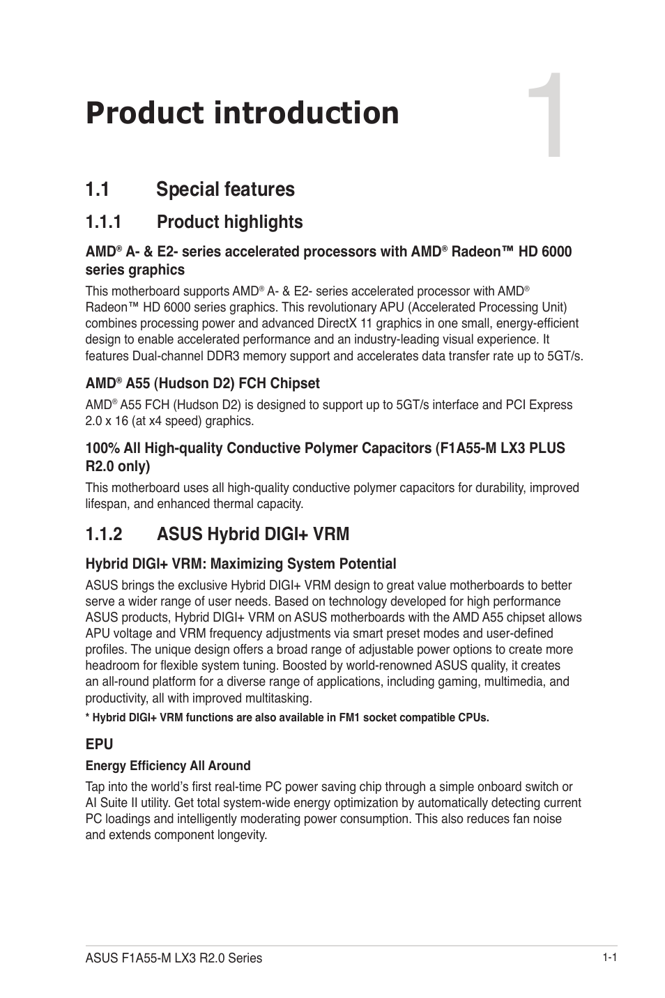 Chapter 1: product introduction, 1 special features, 1 product highlights | 2 asus hybrid digi+ vrm, Product introduction, 1 special features -1, Product highlights -1, Asus hybrid digi+ vrm -1 | Asus F1A55-M LX3 R2.0 User Manual | Page 11 / 69