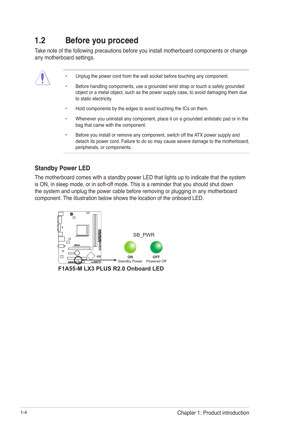 2 before you proceed, 2 before you proceed -4, Standby power led | Asus F1A55-M LX3 R2.0 User Manual | Page 14 / 69