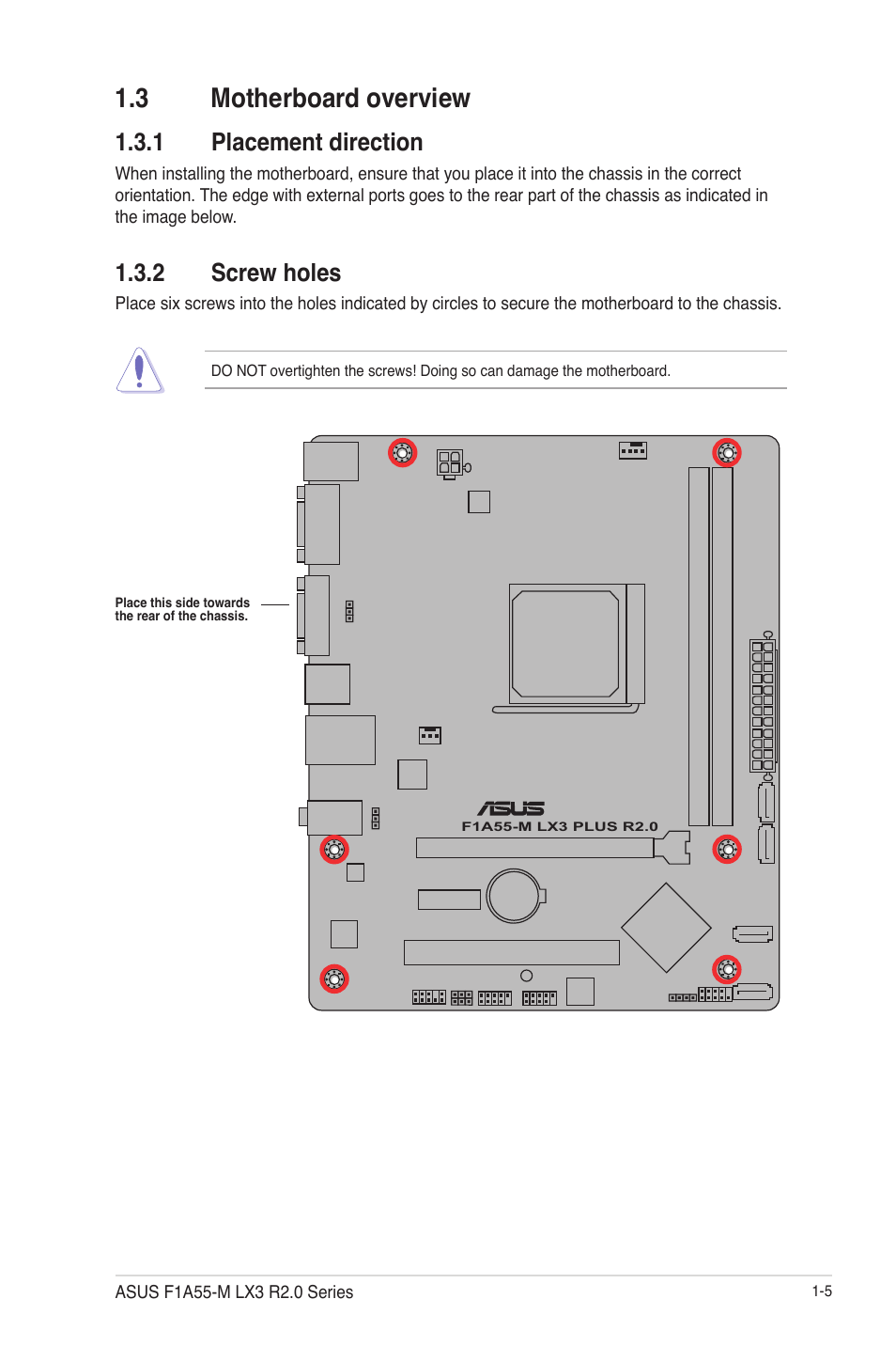 3 motherboard overview, 1 placement direction, 2 screw holes | 3 motherboard overview -5, Placement direction -5, Screw holes -5 | Asus F1A55-M LX3 R2.0 User Manual | Page 15 / 69