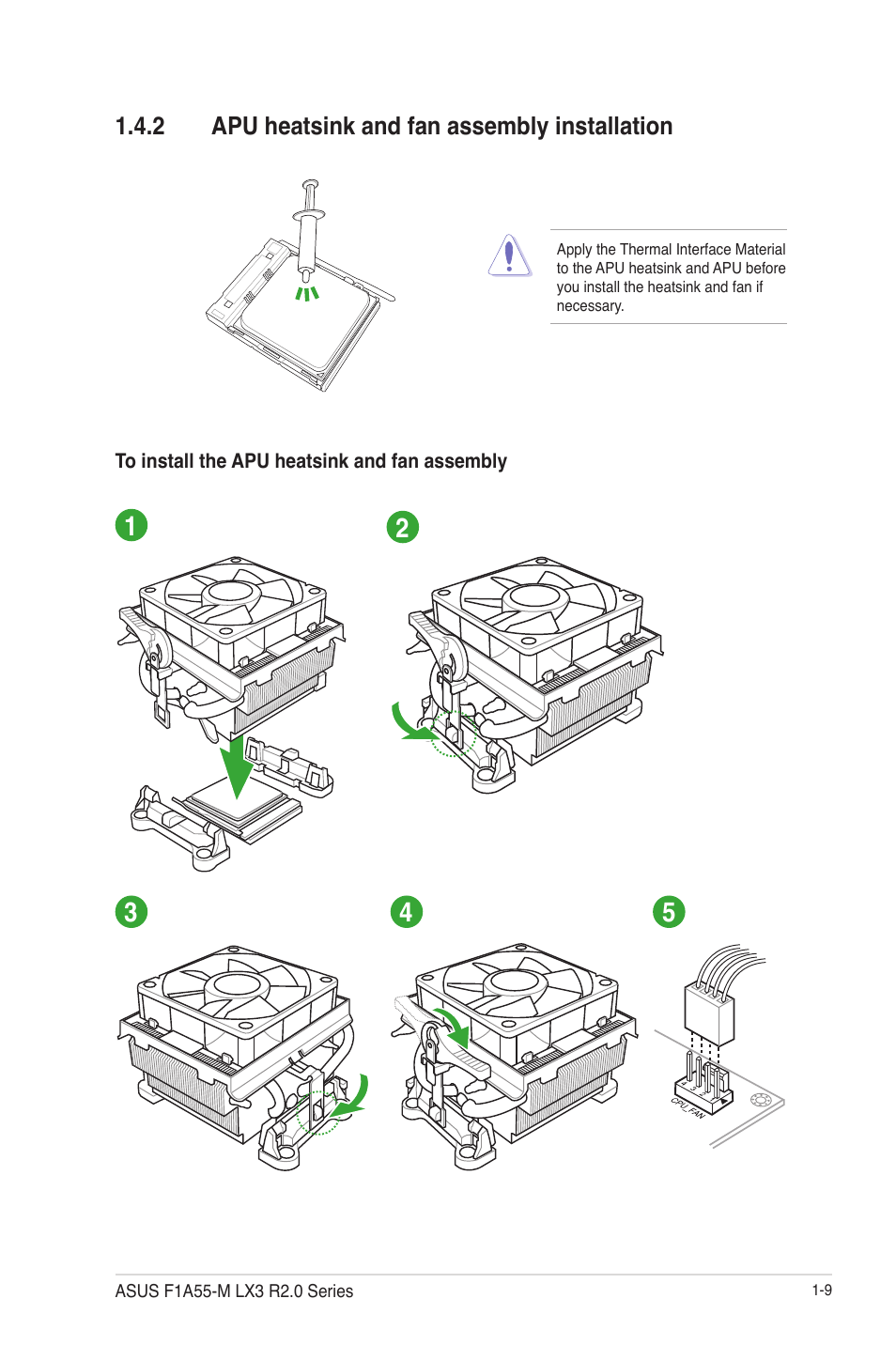 2 apu heatsink and fan assembly installation, Apu heatsink and fan assembly installation -9 | Asus F1A55-M LX3 R2.0 User Manual | Page 19 / 69