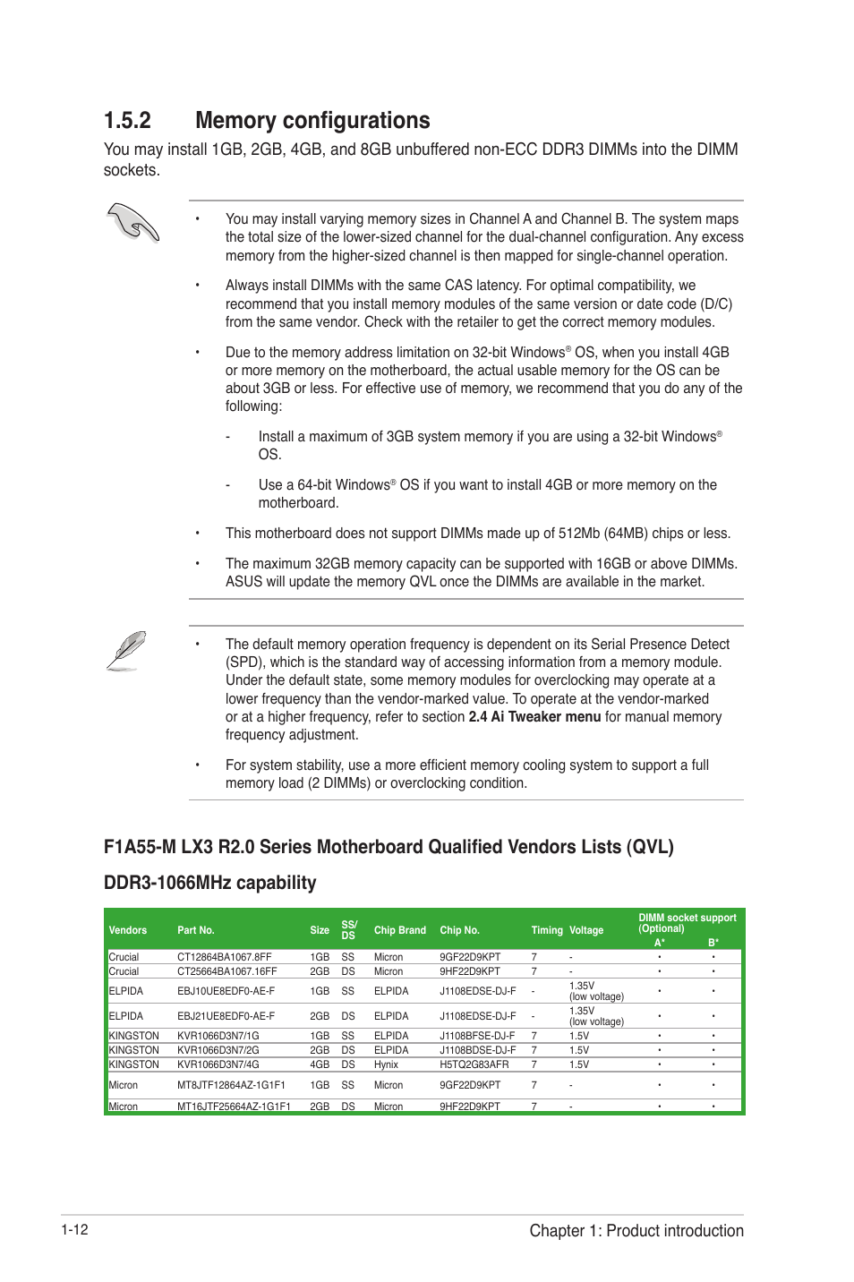 2 memory configurations, Memory configurations -12, Chapter 1: product introduction | Asus F1A55-M LX3 R2.0 User Manual | Page 22 / 69