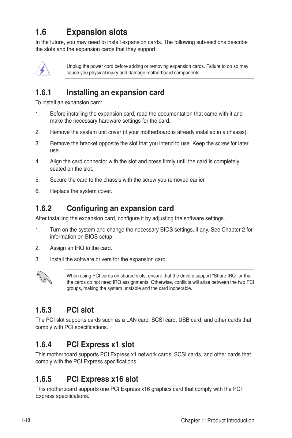 6 expansion slots, 1 installing an expansion card, 2 configuring an expansion card | 3 pci slot, 4 pci express x1 slot, 5 pci express x16 slot, 6 expansion slots -18, Installing an expansion card -18, Configuring an expansion card -18, Pci slot -18 | Asus F1A55-M LX3 R2.0 User Manual | Page 28 / 69