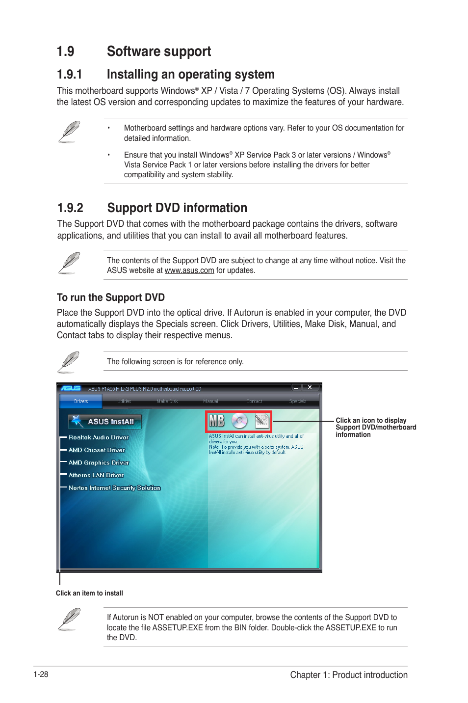 9 software support, 1 installing an operating system, 2 support dvd information | 9 software support -28, Installing an operating system -28, Support dvd information -28 | Asus F1A55-M LX3 R2.0 User Manual | Page 38 / 69